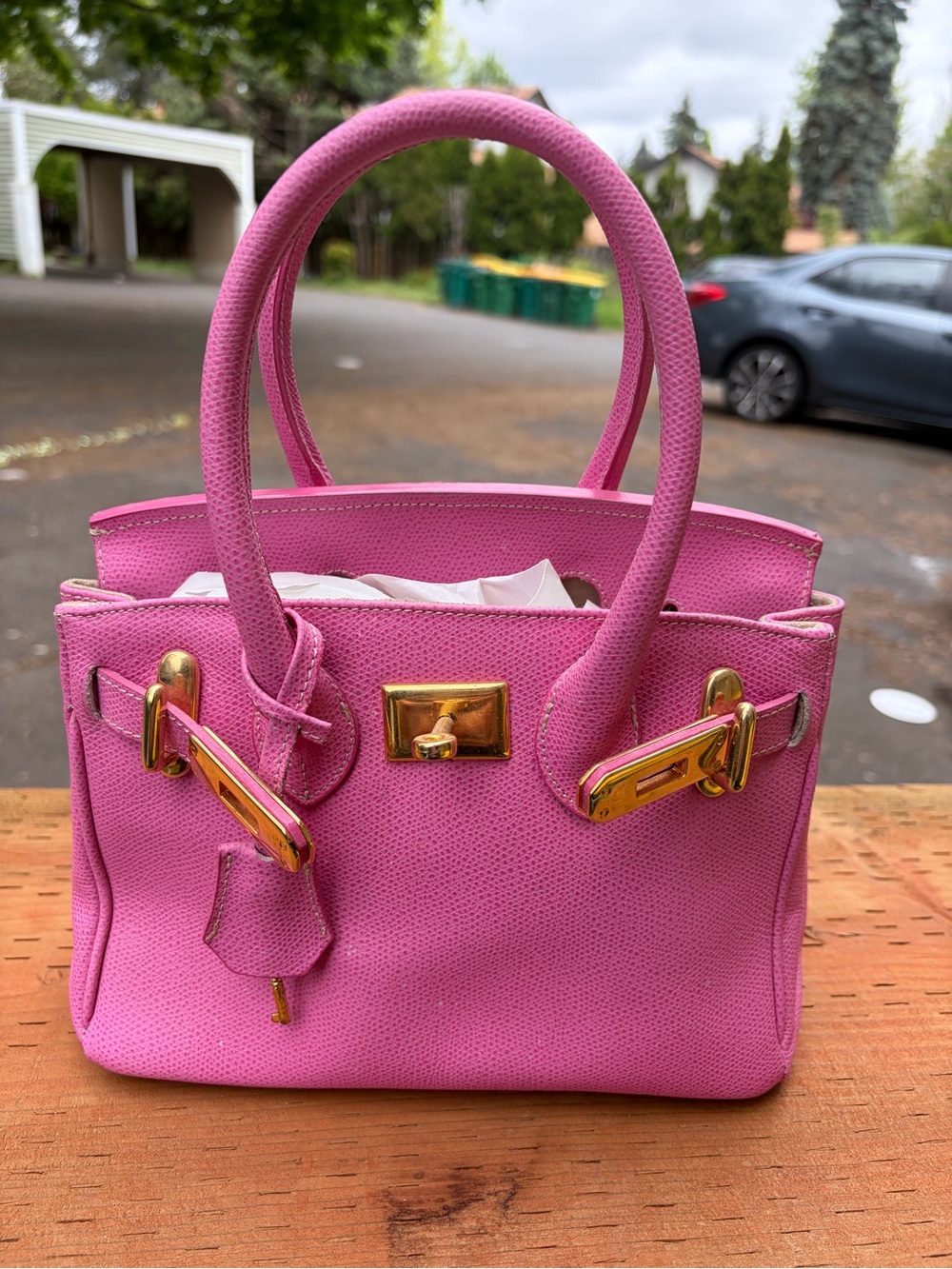Vera Pelle Pink Mini Tote with Gold Hardware